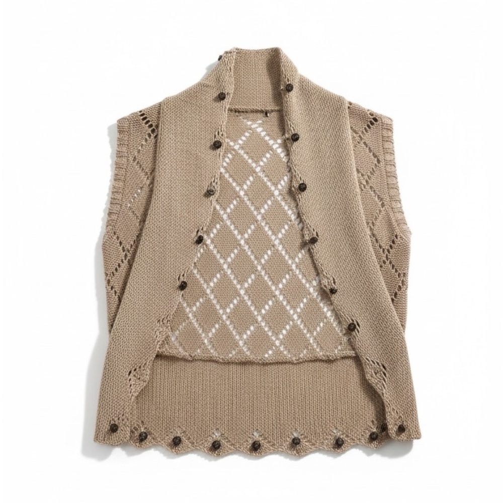 Taupe Button-Front Openwork Knit Vest